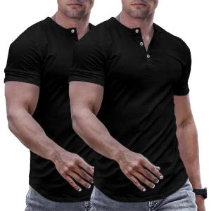 JMIERR Men’s Muscle Slim Henley Shirts Crewneck Longline T-Shirt Gym Workout Athletic Shirt Tees with Button(Pack-black/Black)