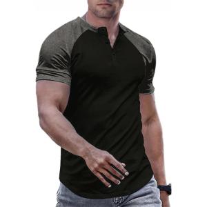 JMIERR Men’s Muscle Slim Henley Shirts Crewneck Longline T-Shirt Gym Workout Athletic Shirt Tees with Button(T Black & Grey)