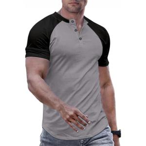 JMIERR Men’s Muscle Slim Henley Shirts Crewneck Longline T-Shirt Gym Workout Athletic Shirt Tees with Button(T Grey & Black)