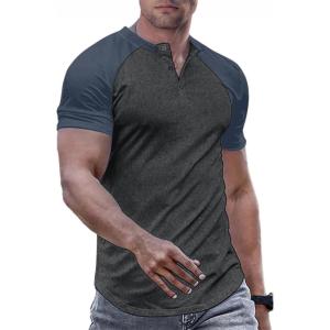 JMIERR Men’s Muscle Slim Henley Shirts Crewneck Longline T-Shirt Gym Workout Athletic Shirt Tees with Button(T Grey & Blue)