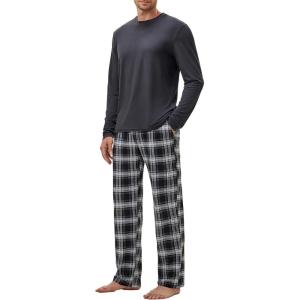 JMIERR Men’s Pajamas Set 2 Piece Long Sleeve T-Shirt Loungewear Long Plaid Pants with Pocket(Black)