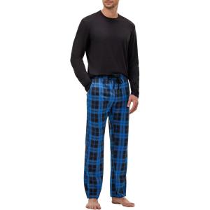 JMIERR Men’s Pajamas Set 2 Piece Long Sleeve T-Shirt Loungewear Long Plaid Pants with Pocket(Dark Blue)