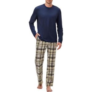 JMIERR Men’s Pajamas Set 2 Piece Long Sleeve T-Shirt Loungewear Long Plaid Pants with Pocket(Khaki)