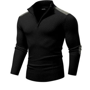 JMIERR Mens Quarter Zip Cable Knit Pullover Sweater Casual Long Sleeve Stand Collar Sweaters(Black)