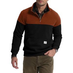 JMIERR Men’s Quarter Zip Pullover Quilted Sweatshirt Pullover Long Sleeve Stand Collar Sweater Color Block Sweatshirt(05 Rust)