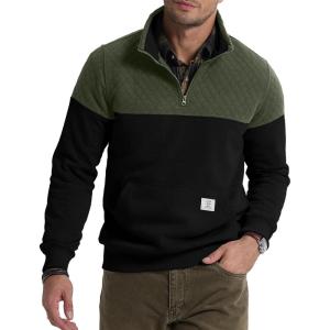 JMIERR Men’s Quarter Zip Pullover Quilted Sweatshirt Pullover Long Sleeve Stand Collar Sweater Color Block Sweatshirt(Black)