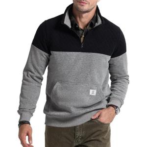 JMIERR Men’s Quarter Zip Pullover Quilted Sweatshirt Pullover Long Sleeve Stand Collar Sweater Color Block Sweatshirt(Light Grey)