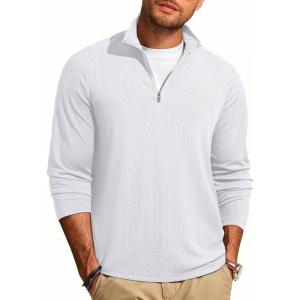 JMIERR Mens Quarter Zip Shirt Casual Quick Dry Moisture Wicking Long Sleeve Ribbed Athletic Workout Pullover Tee(A White)
