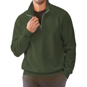 JMIERR Men’s Quarter Zip Waffle Sweatshirts Casual Long Sleeve Solid Color Geometric Texture Pullover Knit Polo Sweatshirt(Moss Green)