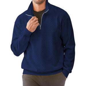 JMIERR Men’s Quarter Zip Waffle Sweatshirts Casual Long Sleeve Solid Color Geometric Texture Pullover Knit Polo Sweatshirt(Navy Blue)