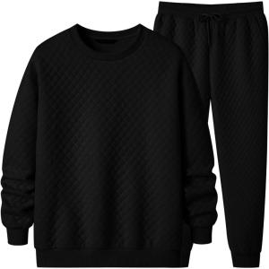 JMIERR Men’s Quilted 2 Piece Casual Outfits Crewneck Sweatshirt Tracksuit & Joggers Sweatpants Sweatsuit Set(Black)