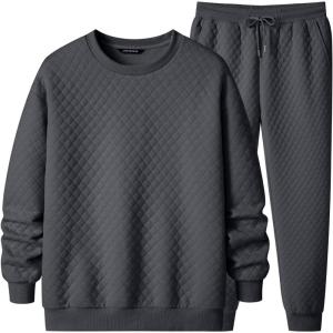 JMIERR Men’s Quilted 2 Piece Casual Outfits Crewneck Sweatshirt Tracksuit & Joggers Sweatpants Sweatsuit Set(Dark Grey)