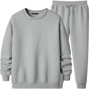 JMIERR Men’s Quilted 2 Piece Casual Outfits Crewneck Sweatshirt Tracksuit & Joggers Sweatpants Sweatsuit Set(Gray)