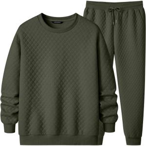 JMIERR Men’s Quilted 2 Piece Casual Outfits Crewneck Sweatshirt Tracksuit & Joggers Sweatpants Sweatsuit Set(Moss Green)