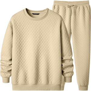 JMIERR Men’s Quilted 2 Piece Casual Outfits Crewneck Sweatshirt Tracksuit & Joggers Sweatpants Sweatsuit Set(Parchment)