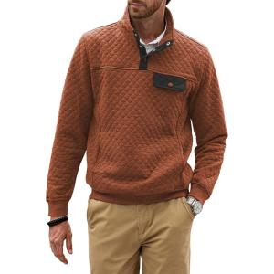 JMIERR Men’s Quilted Sweatshirt Casual Long Sleeve Outdoor Stand Collar Button Pullover Sweatshirts(A Orange)