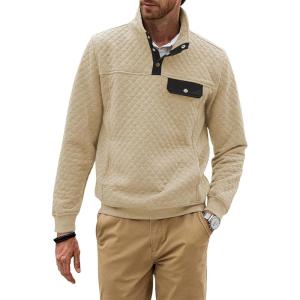 JMIERR Men’s Quilted Sweatshirt Casual Long Sleeve Outdoor Stand Collar Button Pullover Sweatshirts(D Apricot)