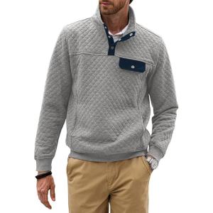 JMIERR Men’s Quilted Sweatshirt Casual Long Sleeve Outdoor Stand Collar Button Pullover Sweatshirts(D Light Grey)