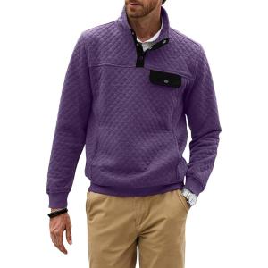JMIERR Men’s Quilted Sweatshirt Casual Long Sleeve Outdoor Stand Collar Button Pullover Sweatshirts(D Purple)