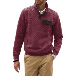 JMIERR Men’s Quilted Sweatshirt Casual Long Sleeve Outdoor Stand Collar Button Pullover Sweatshirts(D Red)