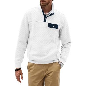 JMIERR Men’s Quilted Sweatshirt Casual Long Sleeve Outdoor Stand Collar Button Pullover Sweatshirts(D White)