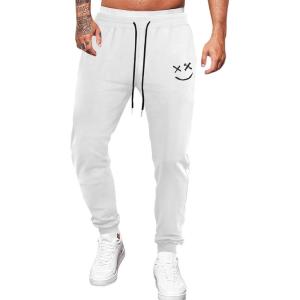 JMIERR Mens Sweatpants Tapered Gym Running Workout Pants Athletic Drawstring Joggers with Pockets(G White Smiley Face)