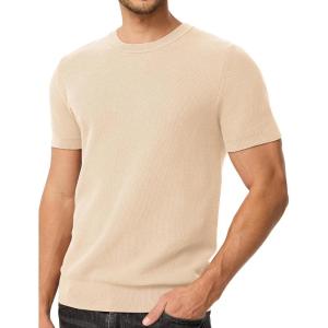 JMIERR Men’s T-Shirts Casual Knit Short Sleeve Cotton Crewneck Solid Honeycomb Knitted Pullover Tees(Beige)