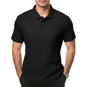 JMIERR Men’s Waffle Polo Shirts Summer Casual Short Sleeve T-Shirt Button Up Solid Color Henley Shirts(Black)