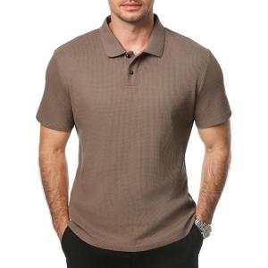 JMIERR Men’s Waffle Polo Shirts Summer Casual Short Sleeve T-Shirt Button Up Solid Color Henley Shirts(Brown)