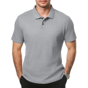 JMIERR Men’s Waffle Polo Shirts Summer Casual Short Sleeve T-Shirt Button Up Solid Color Henley Shirts(Grey)