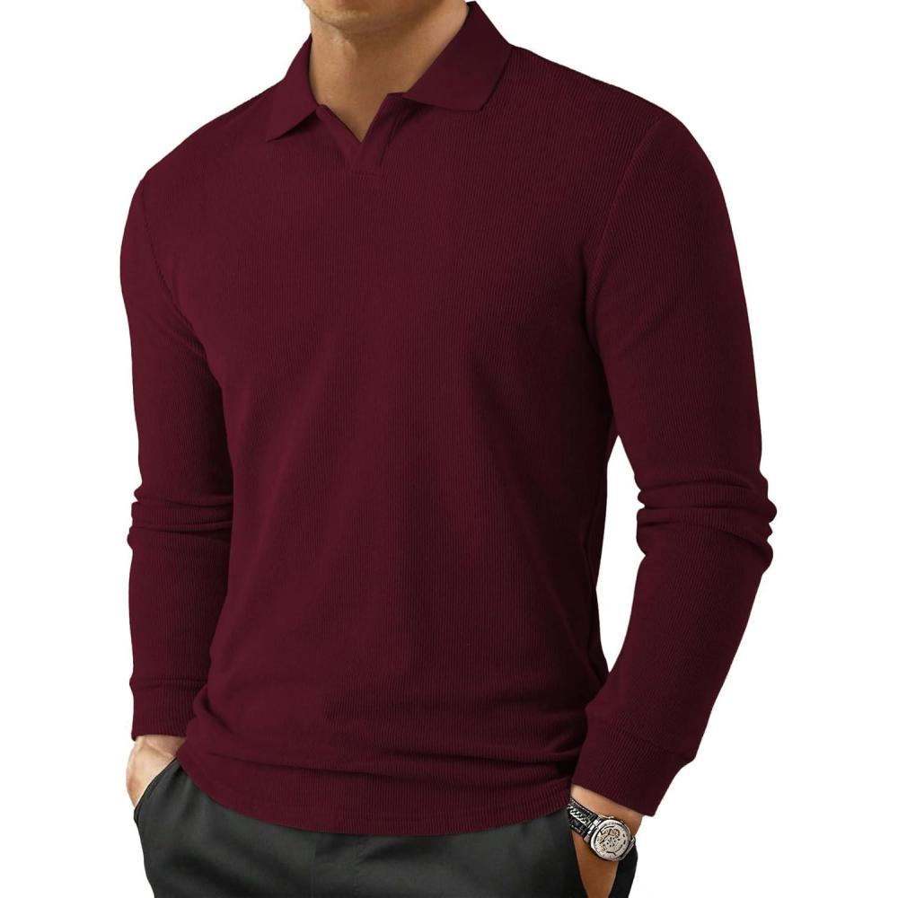 imageJMIERR Mens Casual Buttonless Polo Shirt Long Sleeve V Neck Ribbed Knit Golf ShirtsA Burgundy