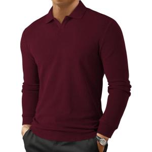 JMIERR Men’s Casual Buttonless Polo Shirt Long Sleeve V Neck Ribbed Knit Golf Shirts(A Burgundy)