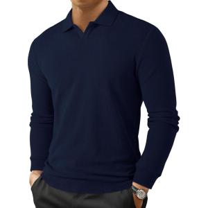 JMIERR Men’s Casual Buttonless Polo Shirt Long Sleeve V Neck Ribbed Knit Golf Shirts(A Navy Blue)