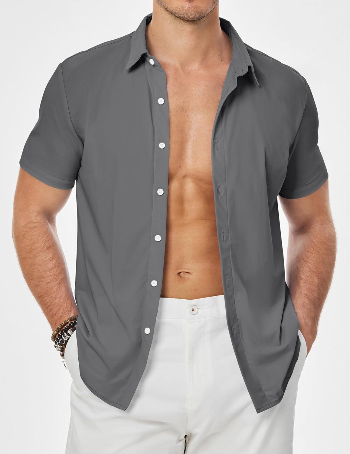 imageJMIERR Mens Casual Button Down Shirts WrinkleFree Short Sleeve Business Dress ShirtA Light Grey