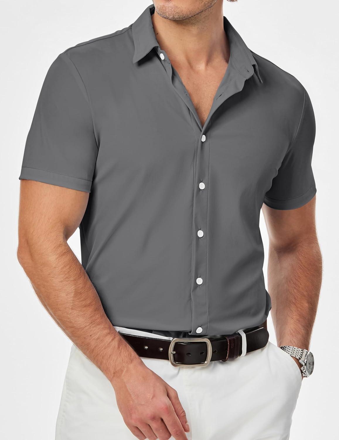 imageJMIERR Mens Casual Button Down Shirts WrinkleFree Short Sleeve Business Dress ShirtA Light Grey