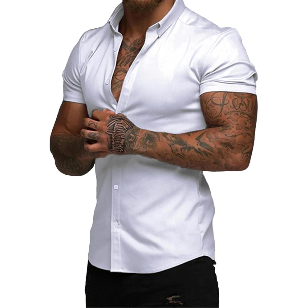 imageJMIERR Mens Casual Button Down Shirts WrinkleFree Short Sleeve Business Dress Shirt0 White