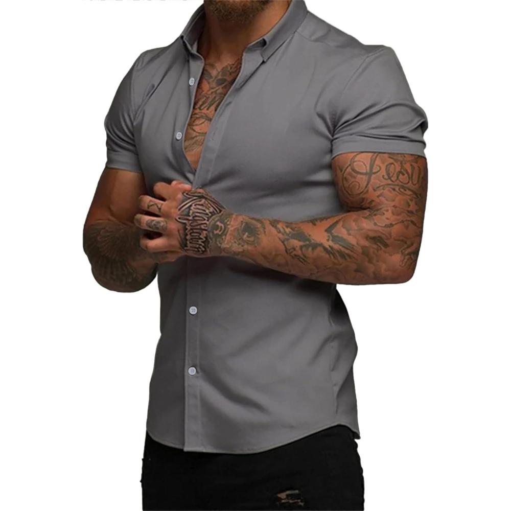 imageJMIERR Mens Casual Button Down Shirts WrinkleFree Short Sleeve Business Dress ShirtA Light Grey