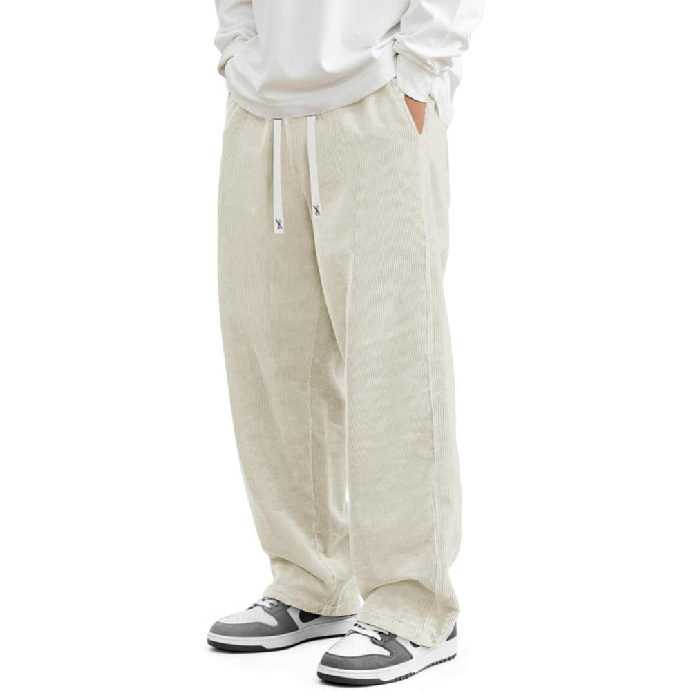imageJMIERR Mens Corduroy Pants Casual Baggy Pants Wide Leg Loose Fit Joggers Sweatpants Elastic Waist Drawstring with PocketsBeige