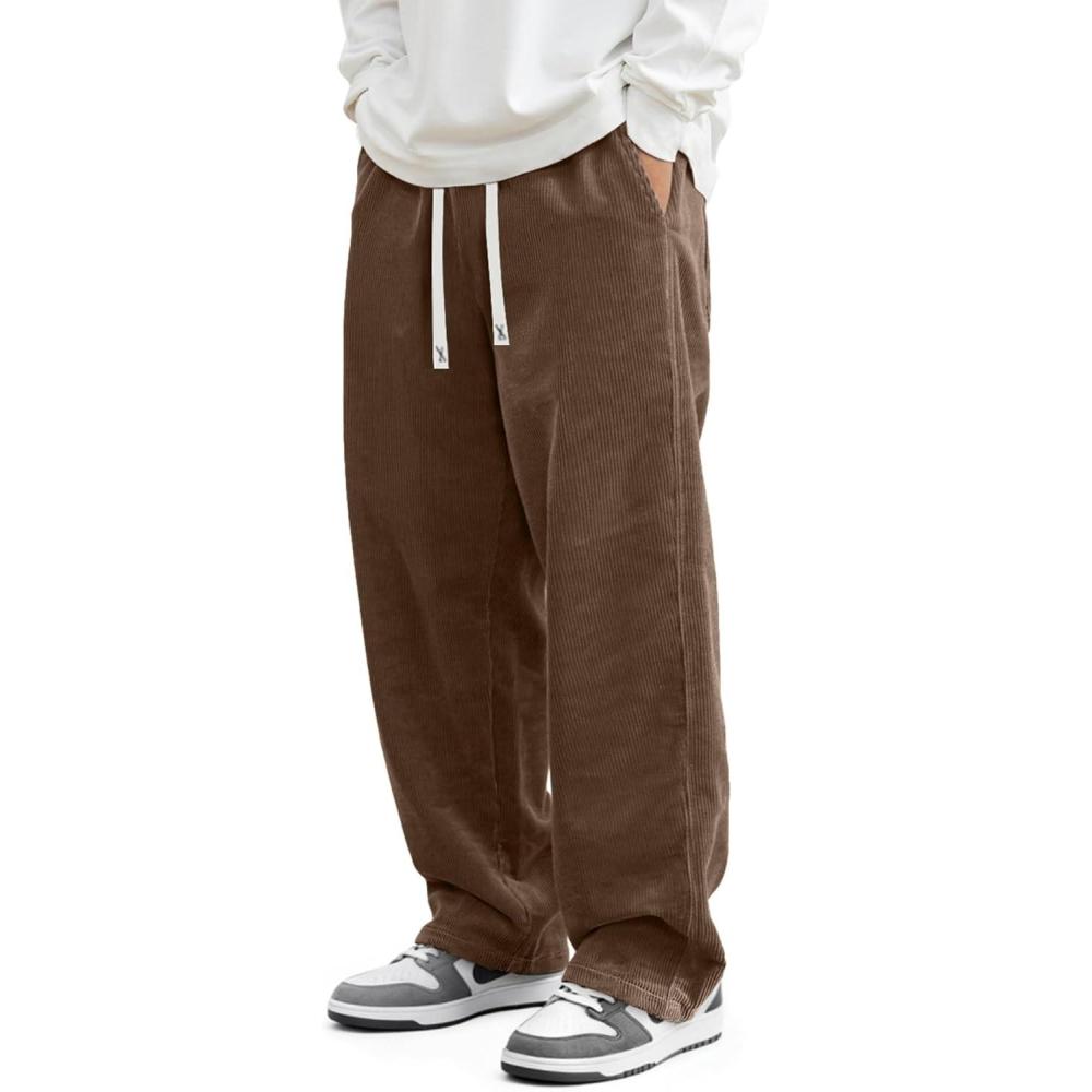 imageJMIERR Mens Corduroy Pants Casual Baggy Pants Wide Leg Loose Fit Joggers Sweatpants Elastic Waist Drawstring with PocketsBrown