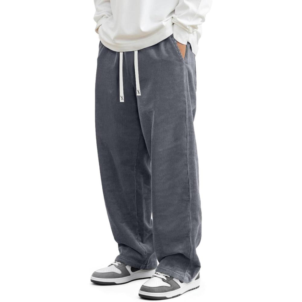 imageJMIERR Mens Corduroy Pants Casual Baggy Pants Wide Leg Loose Fit Joggers Sweatpants Elastic Waist Drawstring with PocketsGrey
