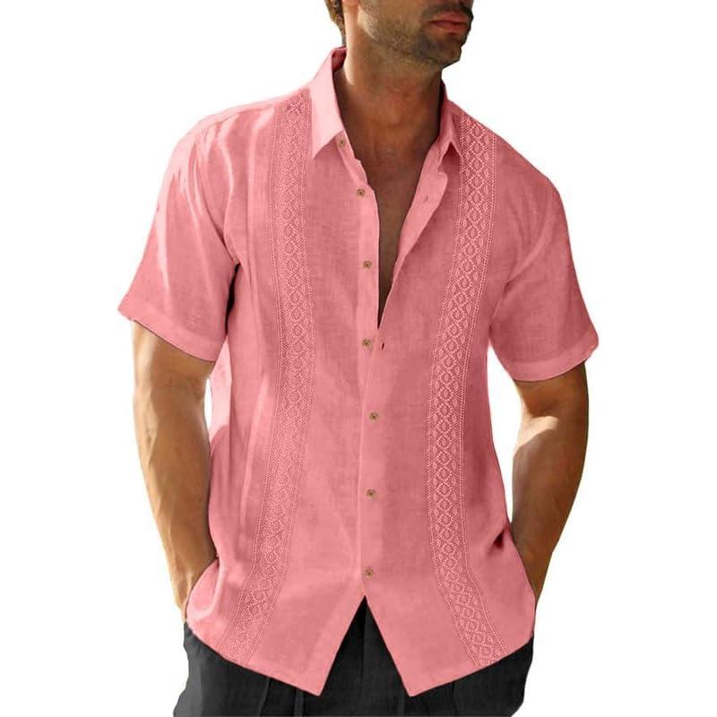 imageJMIERR Mens Cotton Linen Guayabera Shirts Casual Button Up Short Sleeve Summer Beach ShirtPink