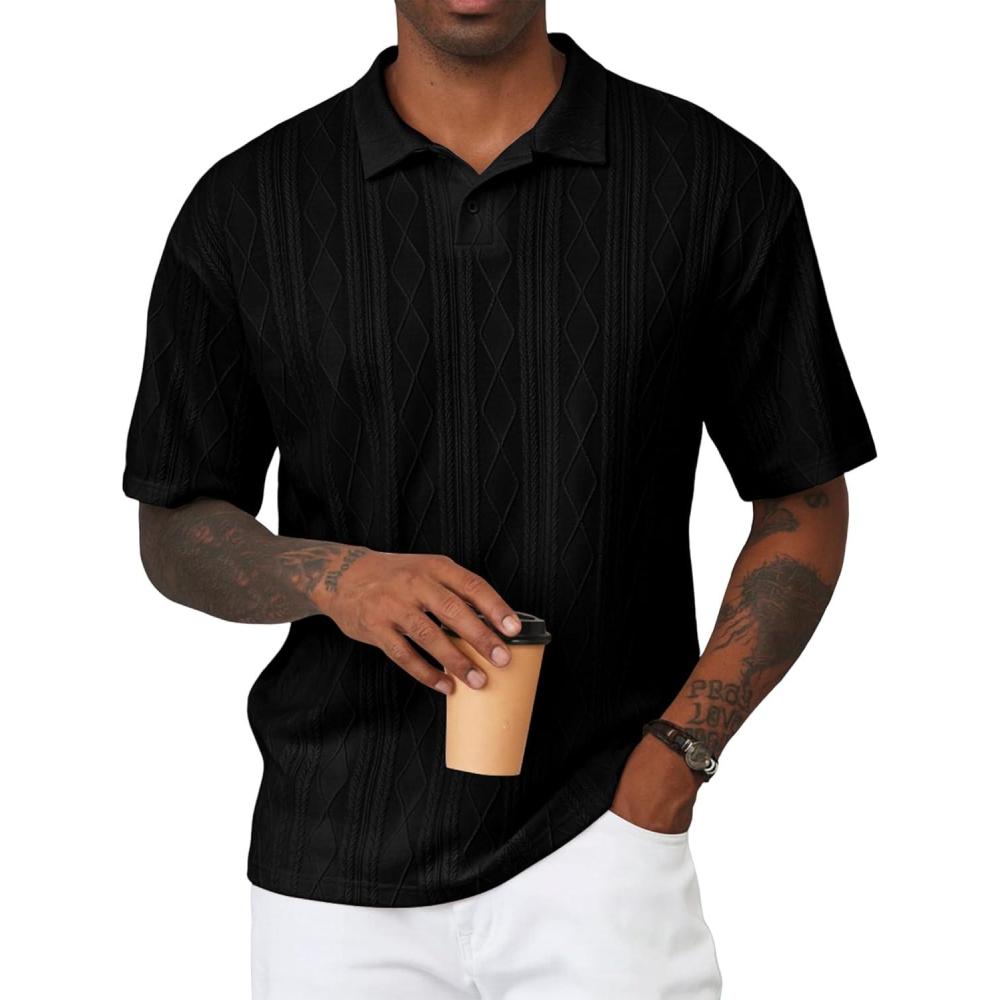 imageJMIERR Mens Polo Shirt Knit Button Casual Short Sleeve Summer Vacation Beach Stretchy Golf ShirtsBlack