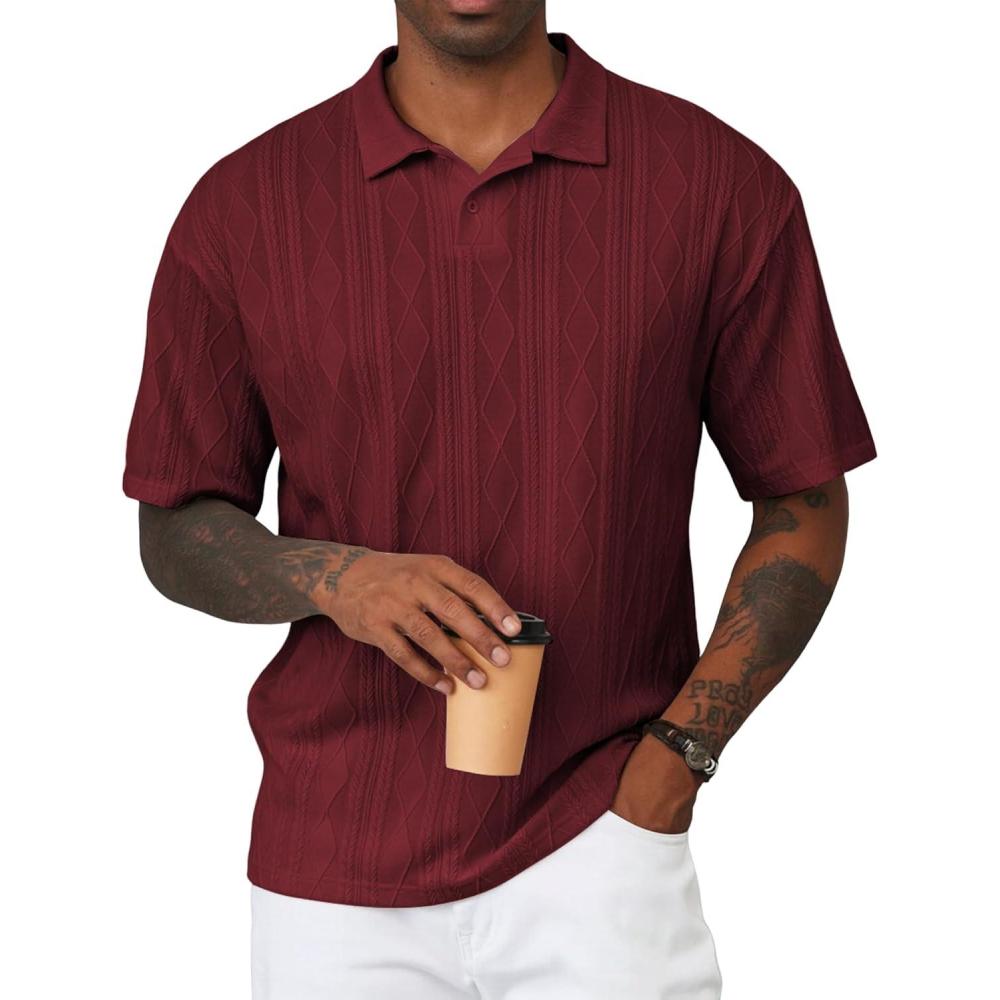 imageJMIERR Mens Polo Shirt Knit Button Casual Short Sleeve Summer Vacation Beach Stretchy Golf ShirtsRed