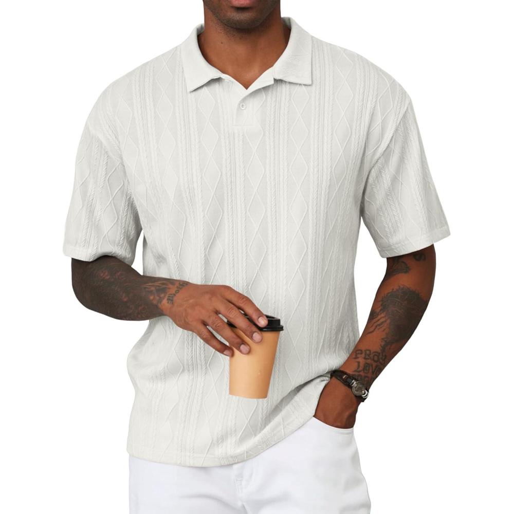imageJMIERR Mens Polo Shirt Knit Button Casual Short Sleeve Summer Vacation Beach Stretchy Golf ShirtsWhite