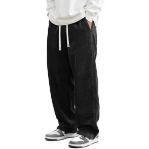 JMIERR Mens Corduroy Pants Casual Baggy Pants Wide Leg Loose Fit Joggers Sweatpants Elastic Waist Drawstring with Pockets(Black)