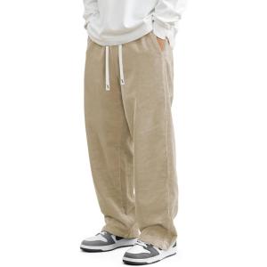 JMIERR Mens Corduroy Pants Casual Baggy Pants Wide Leg Loose Fit Joggers Sweatpants Elastic Waist Drawstring with Pockets(Khaki)