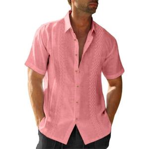 JMIERR Mens Cotton Linen Guayabera Shirts Casual Button Up Short Sleeve Summer Beach Shirt(Pink)