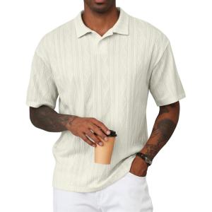 JMIERR Mens Polo Shirt Knit Button Casual Short Sleeve Summer Vacation Beach Stretchy Golf Shirts(Beige)