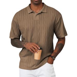 JMIERR Mens Polo Shirt Knit Button Casual Short Sleeve Summer Vacation Beach Stretchy Golf Shirts(Khaki)