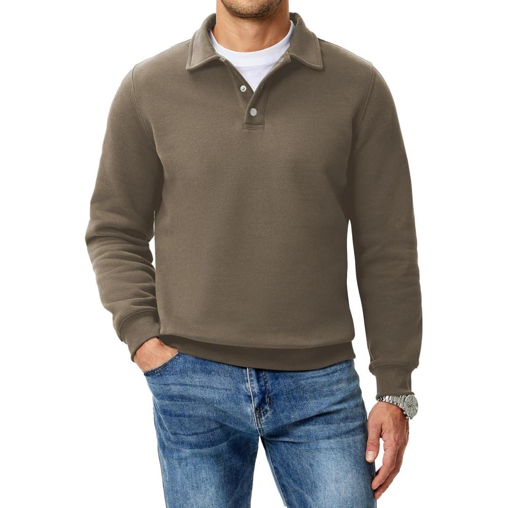 imageJMIERR Mens Casual Cotton Polo Sweatshirts Long Sleeve Button Collared Pullover ShirtsKhaki
